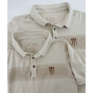 Monster Energy Java‎ Monster Shirt Men Small Tan Beige Short Sleeve Polo Striped